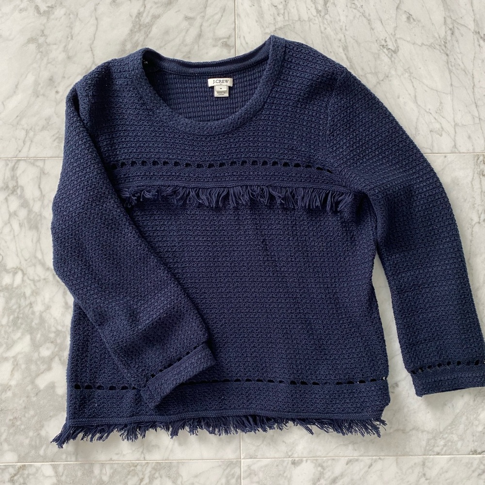 J. Crew Factory navy sweater with fringe detailing